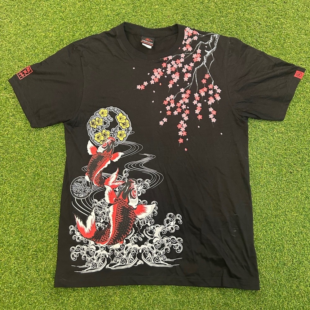Vansion Mens Black Koi Fish Cherry Blossom Graphic T-Shirt Large Japanese Art